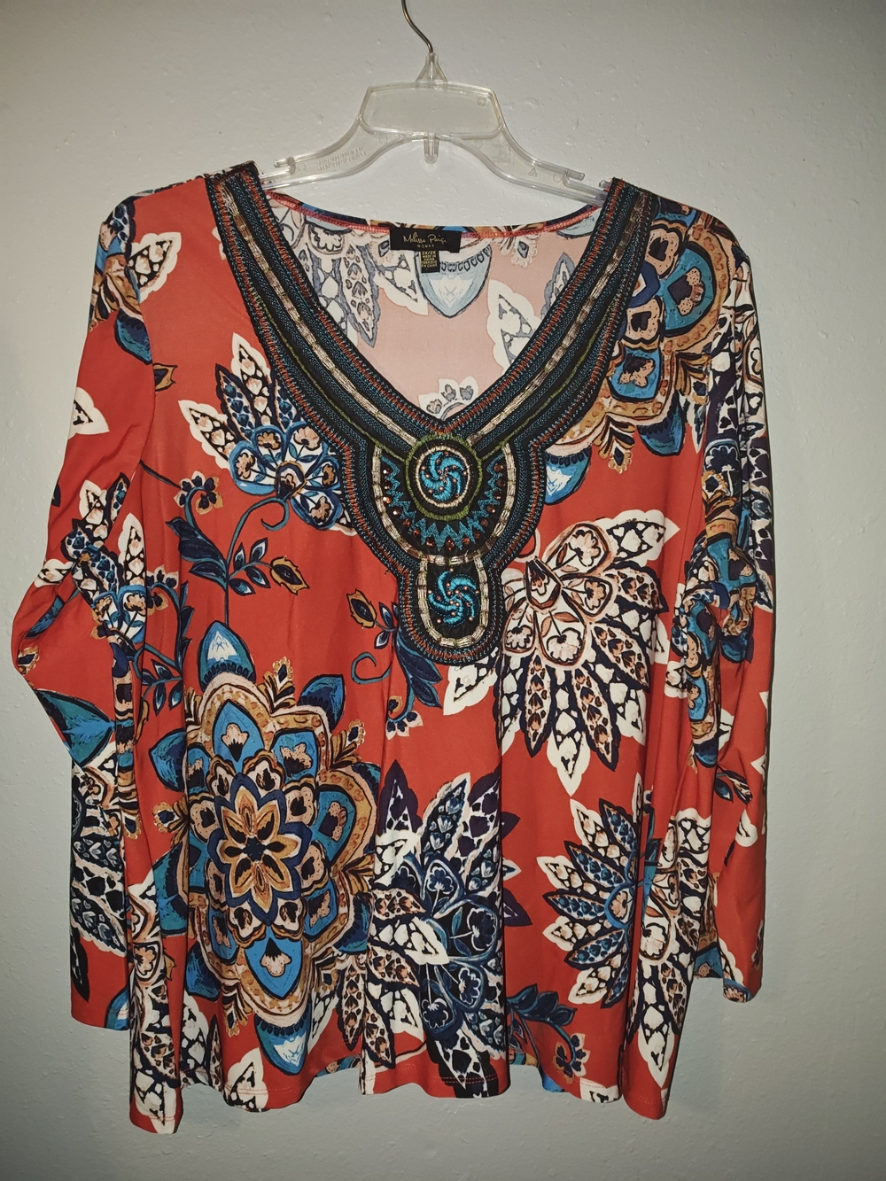Plus Size Melissa Paige Coral Floral Tunic with Beaded V-Neck
